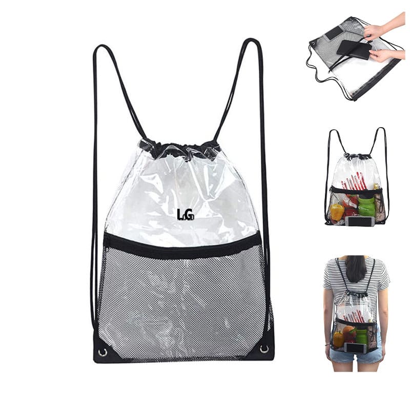 A clear drawstring bag with a black mesh pocket, featuring adjustable straps and a logo on the front. Clear Drawstring Bag With Front Mesh Pocket - Image 1