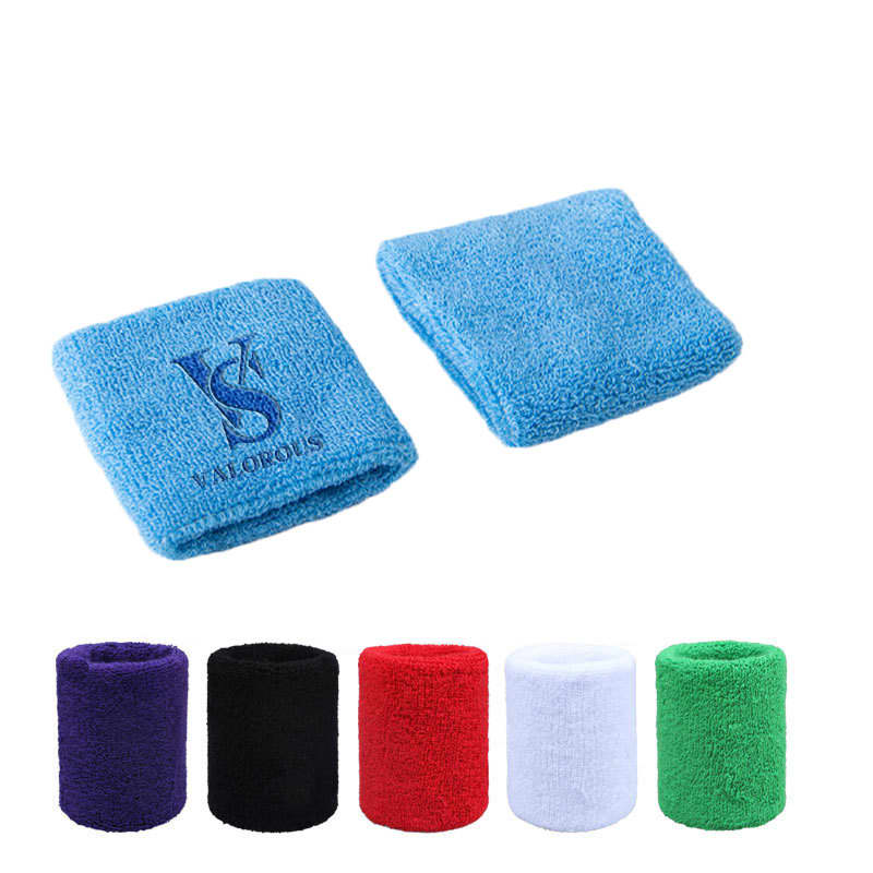 Two terry cloth cotton sport wristbands in blue, black, red, white, green, and purple, featuring a logo. Terry Cloth Cotton Sport Wristband - Image 1