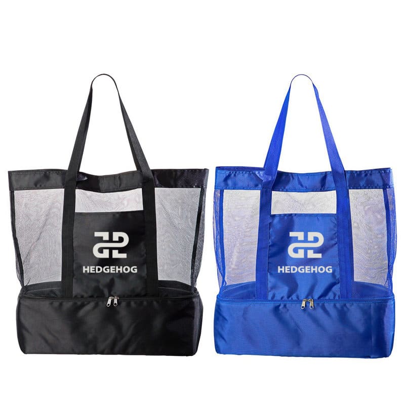 A large custom mesh beach bag in black and blue, featuring a logo on the front and zippered compartments. Large Custom Mesh Beach Bag - Image 1