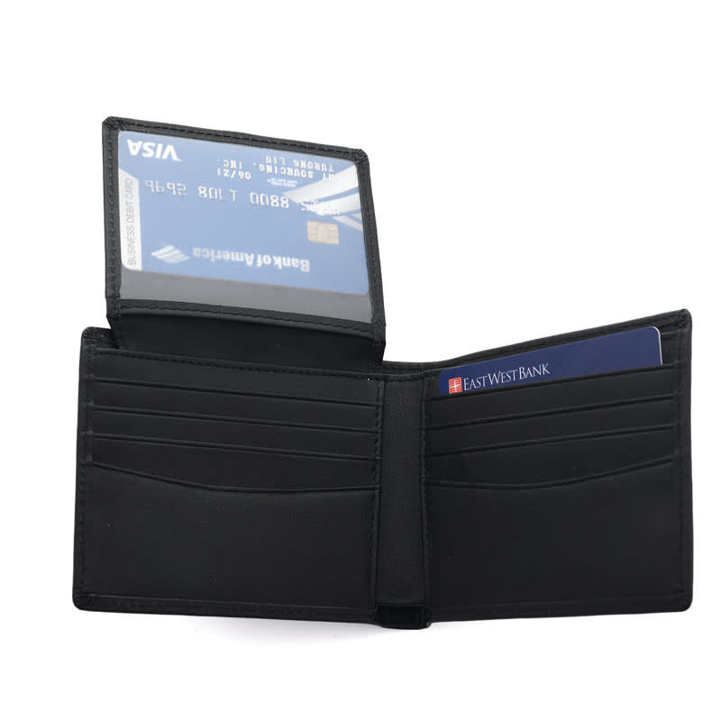A black men's genuine leather wallet with card slots and a transparent ID window. Men's Genuine Leather Wallet - Image 1