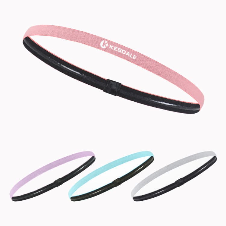 Custom silicone sports headbands in pink, purple, teal, and grey, featuring a logo on each band. Custom Silicone Sports Headband - Image 1