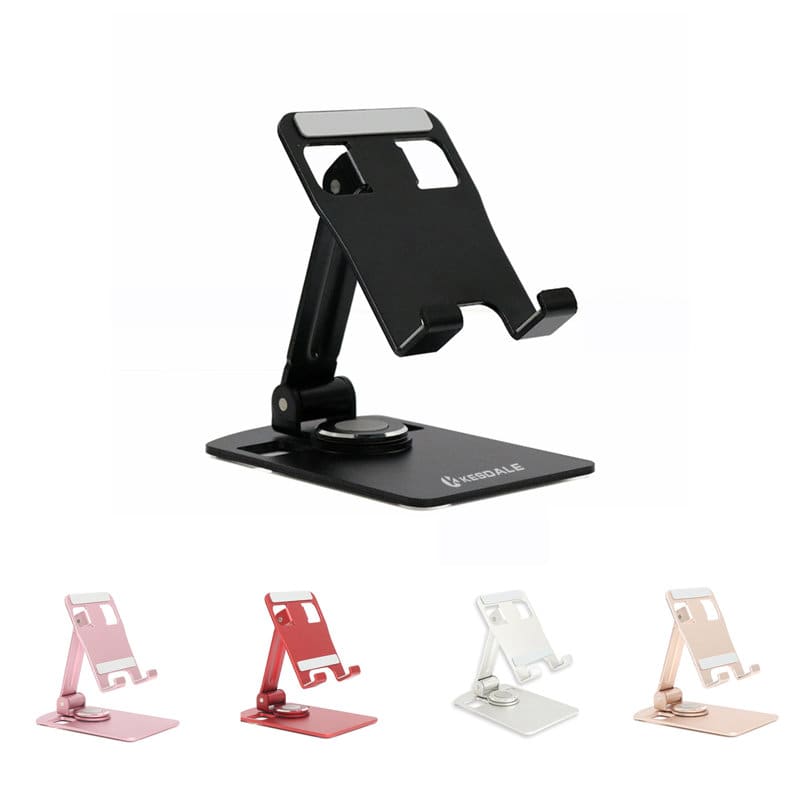 A black rotatable phone holder with a sturdy base, accompanied by stands in red, white, and rose gold. New Desktop Rotatable Phone Holder - Image 1