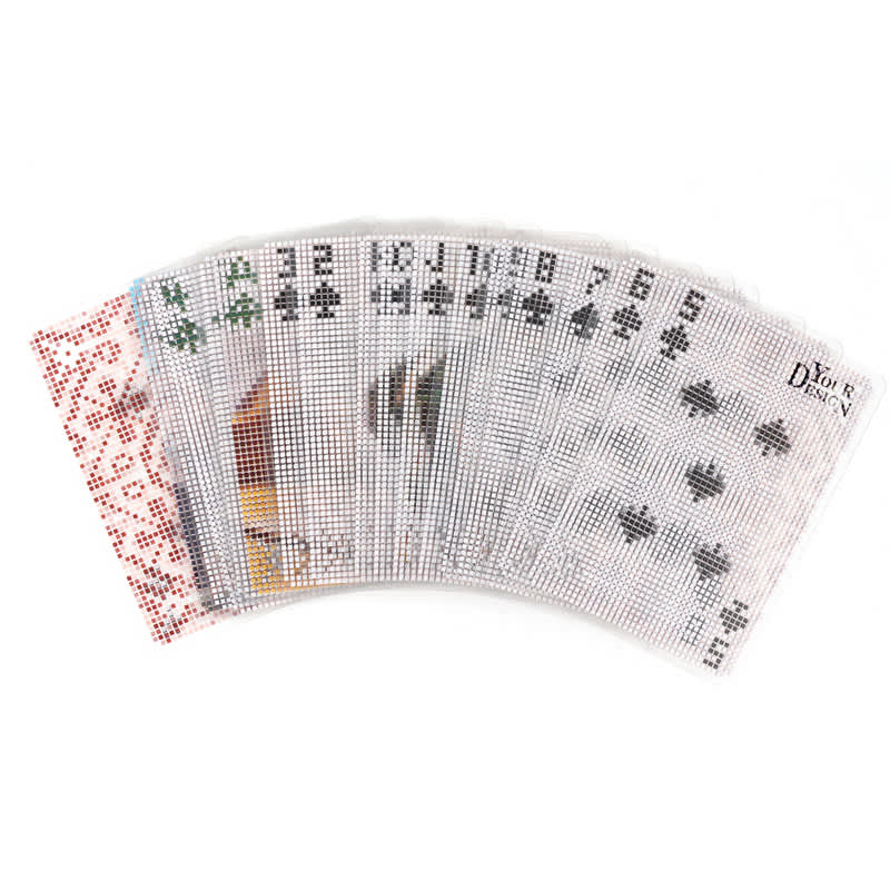 A fan of custom clear PVC playing cards featuring black and red suits, with a subtle logo visible on the cards. Custom PVC Clear Playing Cards - Image 1