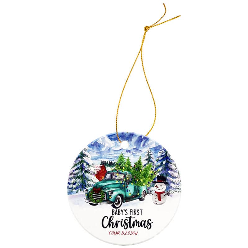 A round acrylic Christmas ornament featuring a vintage green truck, snowman, and snowy trees, with a gold string for hanging. Double Sided Round Acrylic Christmas Ornament - Image 1