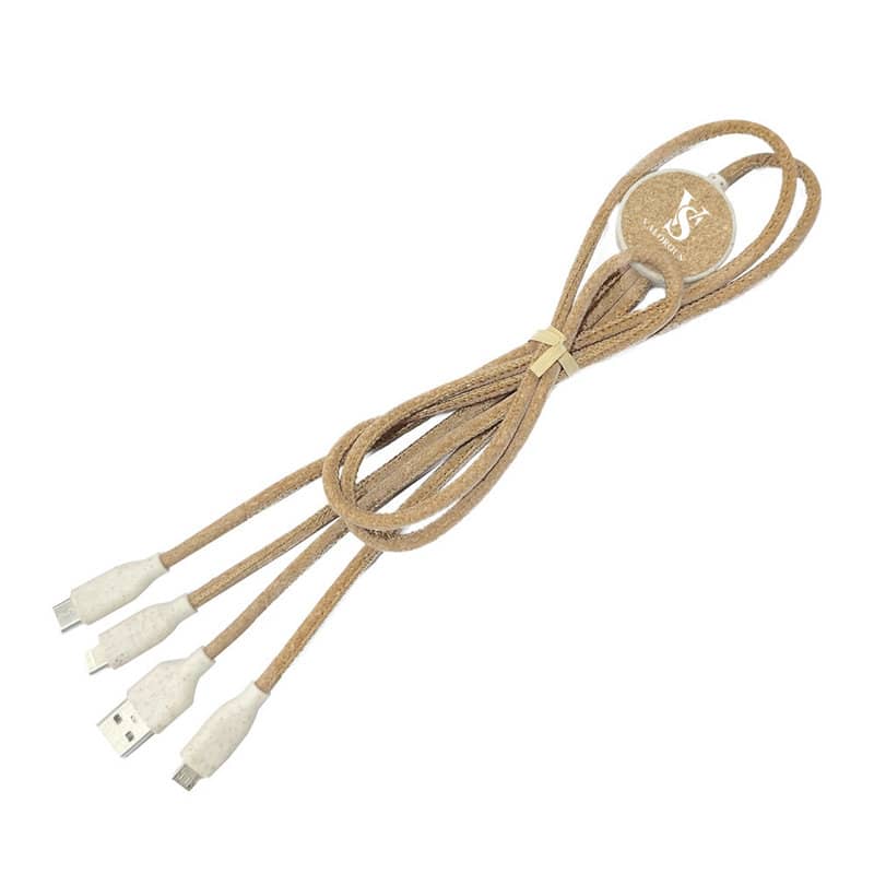 A charging cable with a wheat straw and cork design, featuring multiple connectors in a light brown colour. 3 In 1 Wheat Straw And Cork Charging Cables - Image 1