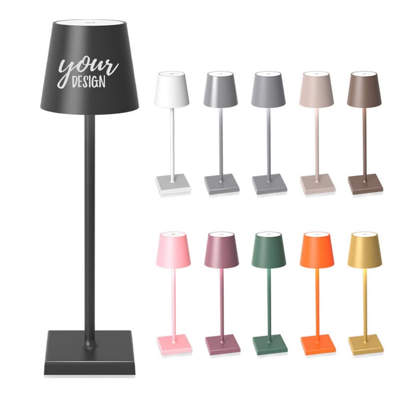 A custom LED table lamp display featuring various colours, including black, grey, pink, green, and orange, with a branding logo. Custom LED Table Lamp - Image 1