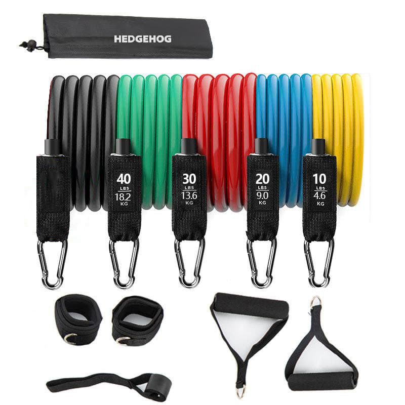Resistance bands in various colours: black, green, red, blue, and yellow, with attachments and a carry bag. Training Resistance Bands - Image 1