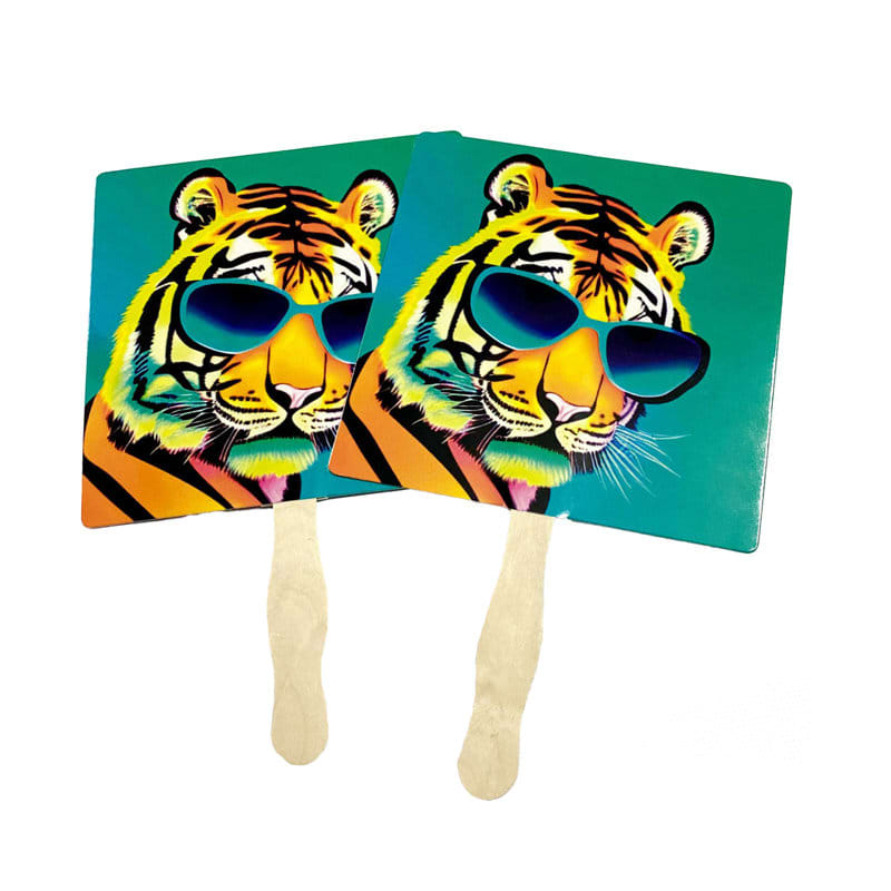 A vibrant hand fan featuring a stylised tiger wearing sunglasses, with a wooden handle. Custom Patriotic Hand Fan With Handle - Image 1