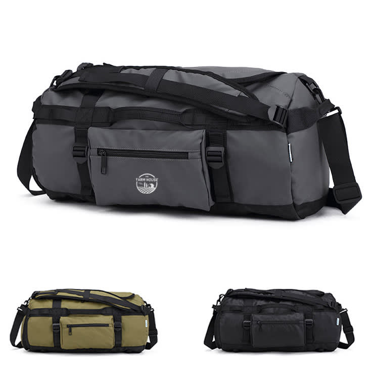 A foldable travel duffel bag in grey with a front pocket. Includes adjustable straps and features a logo. Foldable Travel Duffel Bag - Image 1