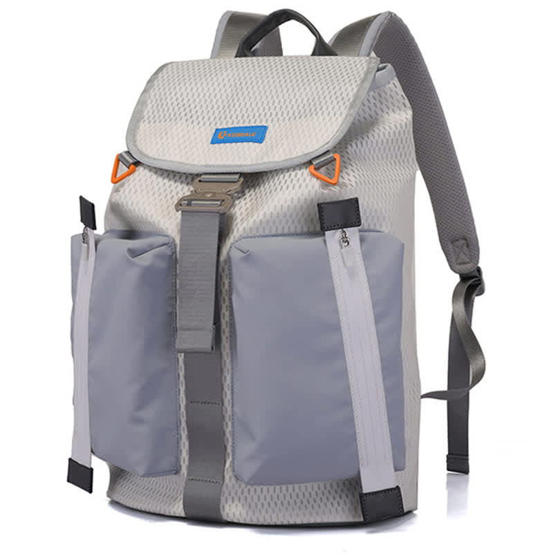 A grey drawstring backpack with front pockets and a top flap, featuring a logo. Ideal for outdoor use. Travel Outdoor Drawstring Backpack - Image 1