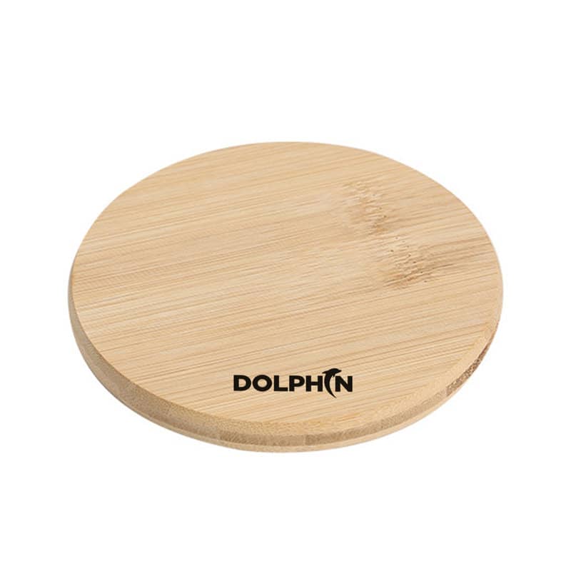 A round, 4-inch wooden coaster in a natural bamboo finish, featuring a logo. 4 Inch Wooden Coasters - Image 1