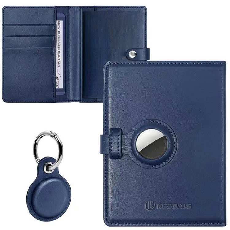 A genuine leather passport holder in navy blue with multiple card slots and a keychain. Features a logo. Genuine Leather Passport Holder - Image 1