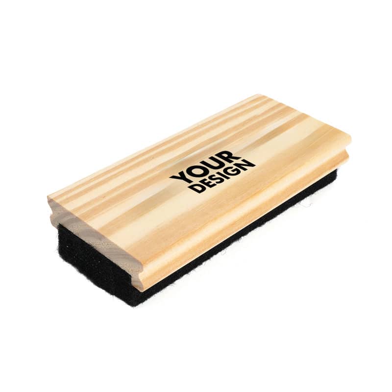 A wooden chalkboard eraser featuring a natural wood finish and a black felt base, with a logo on the surface. Wooden Chalkboard Eraser - Image 1