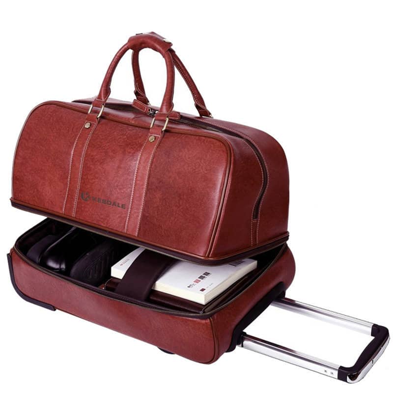 A brown wheeled duffel bag with a retractable handle, featuring multiple compartments and a logo. Rolling Wheeled Duffel Bag - Image 1