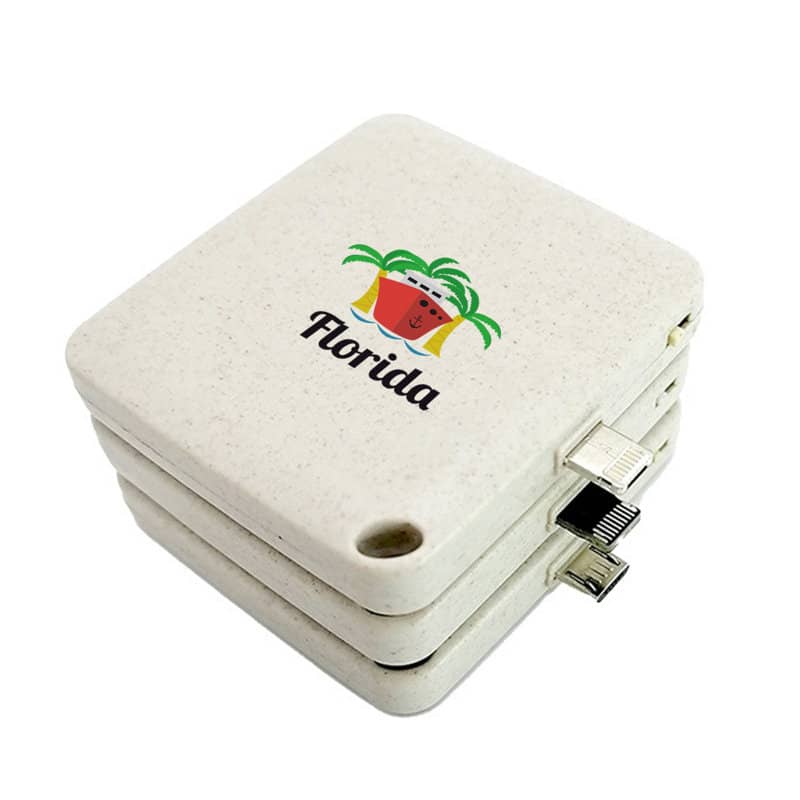 A biodegradable disposable power bank in off-white with a logo and multiple charging ports. Biodegradable Disposable Power Bank - Image 1