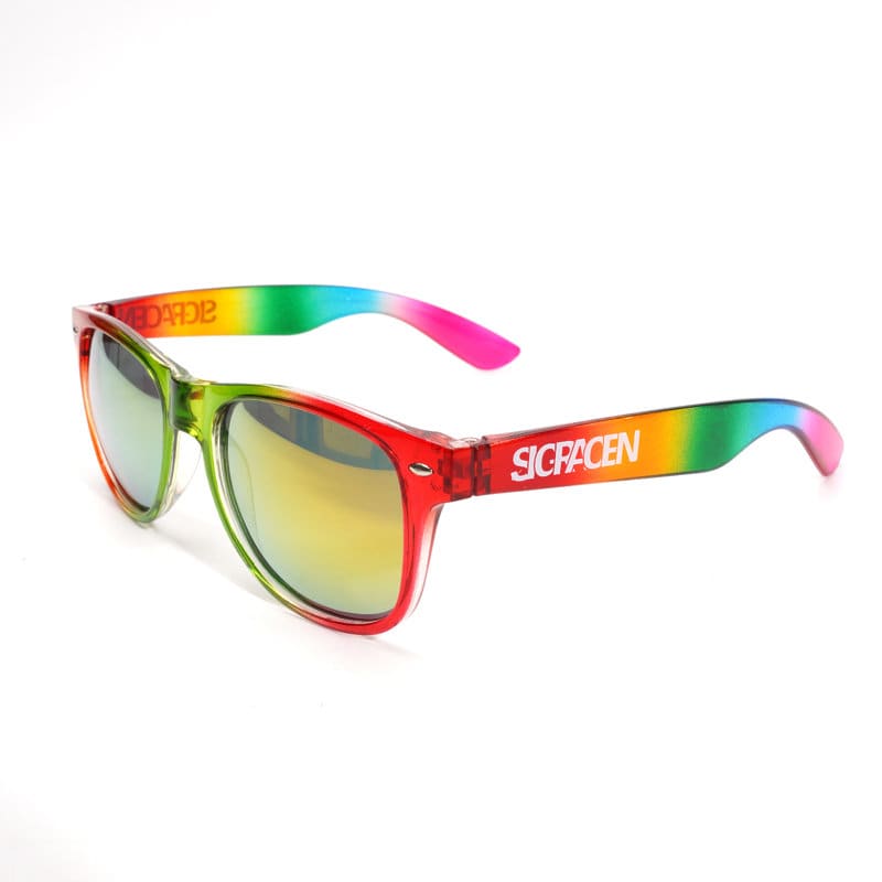 Classic rainbow sunglasses featuring red, green, and pink accents with a logo on the arm. Reflective lenses complete the look. Classic Rainbow Sunglasses - Image 1