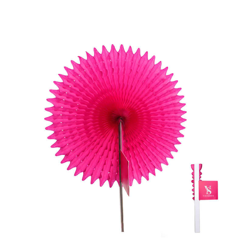 A bright pink round folding handheld paper fan with a plain handle, featuring a logo. Custom Round Folding Handheld Paper Fan - Image 1