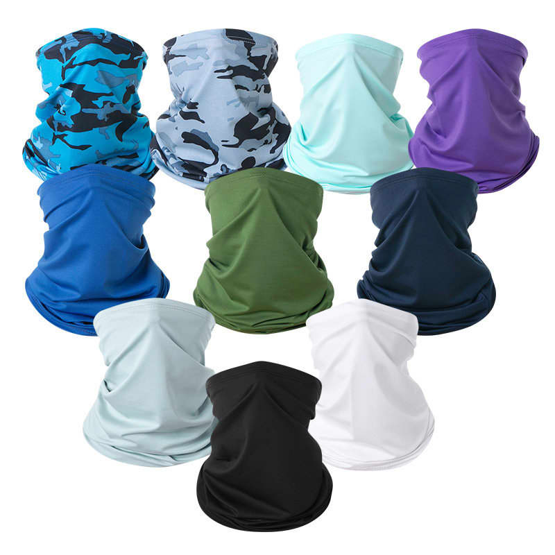 A variety of custom multifunctional neck gaiters in different colours including blue, green, purple, and camouflage patterns. Custom Multifunctional Neck Gaiter - Image 1