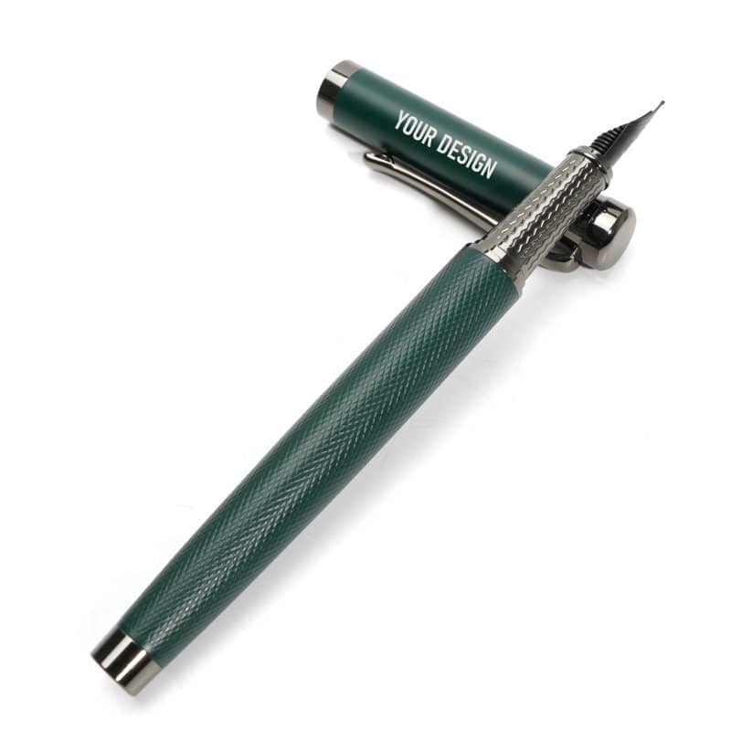 A green metal fountain pen with a textured grip and a silver clip, featuring a logo. Business Gift Fountain Pen - Image 1