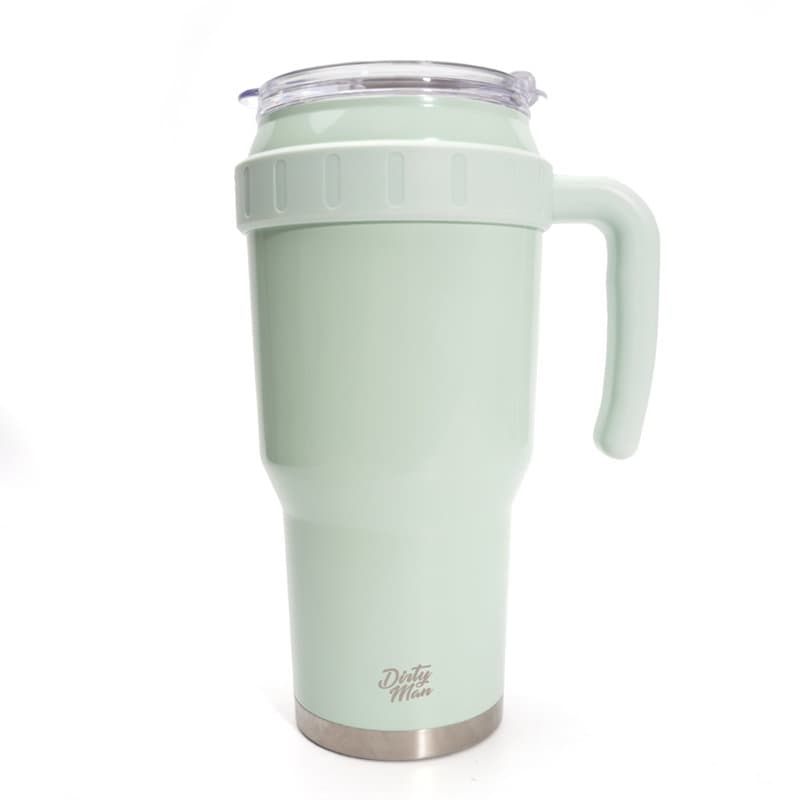 A drink bottle in mint green with a handle and straw, featuring a stainless steel base and a logo. Tumbler With Handle And Straw - Image 1