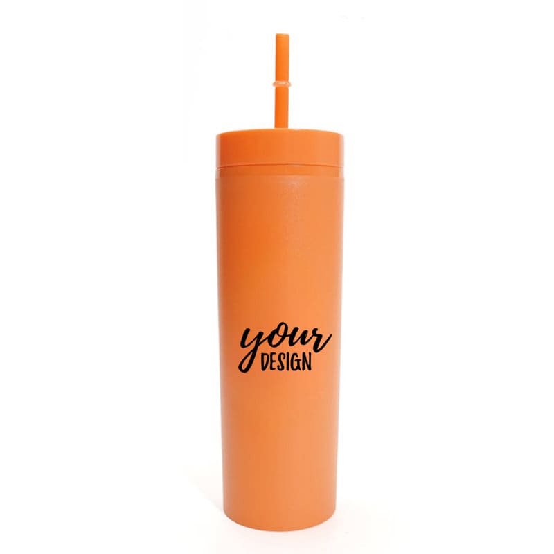 A drink bottle in orange featuring a straw and a space for custom design elements. 22 oz. Plastic Skinny Tumbler With Straw - Image 1