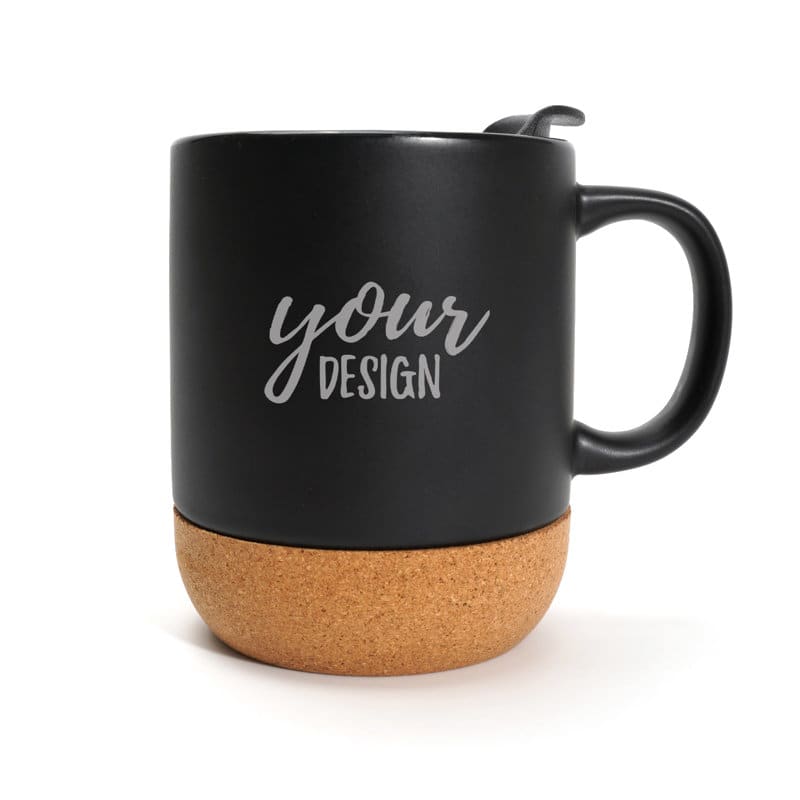 A ceramic mug with a matte black finish and a cork bottom, featuring a branding logo on one side. Cork Bottom Ceramic Mug - Image 1