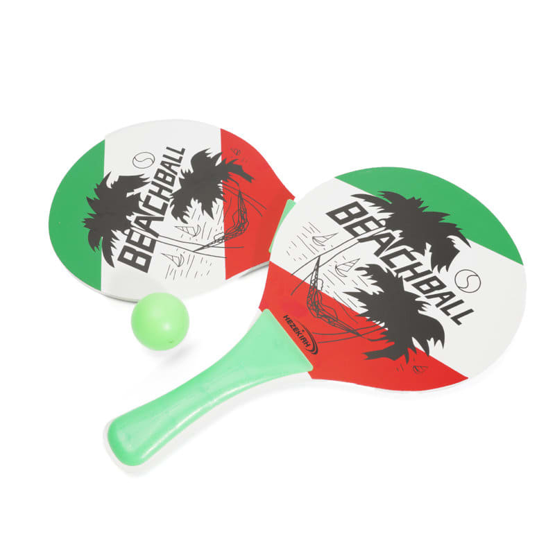 A beach ball racket set featuring green and red paddles with palm tree designs and a small ball. Beach Ball Racket Set - Image 1