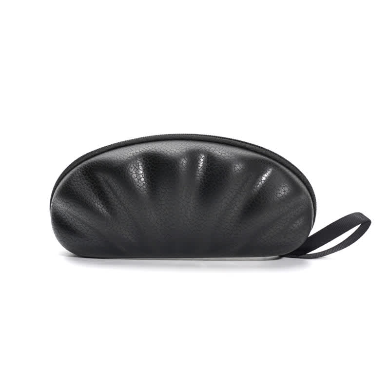 A black shell-shaped EVA glasses case with a textured finish and a side handle. It has a simple design and logo. Shell Shaped EVA Glasses Case - Image 1