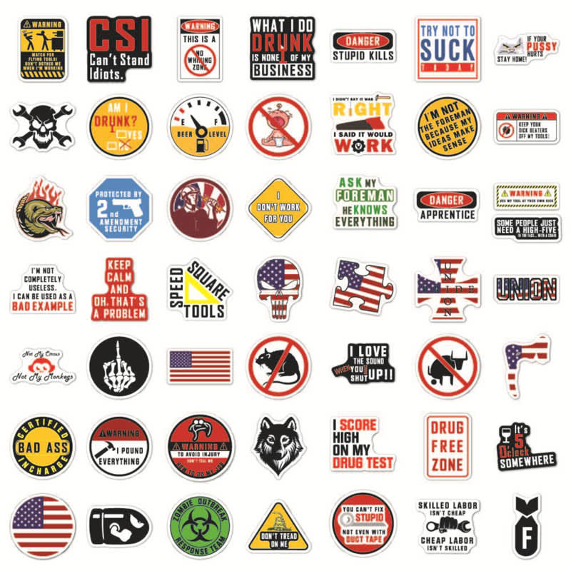 A variety of colourful sticker designs featuring slogans, symbols, and icons, including skulls and flags. Custom Text Decal Sticker - Image 1