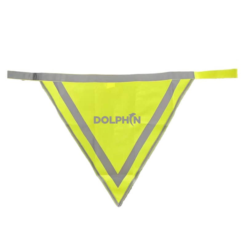 A reflective pet triangle scarf in bright yellow with grey accents and a brand logo. Reflective Pet Triangle Scarf - Image 1