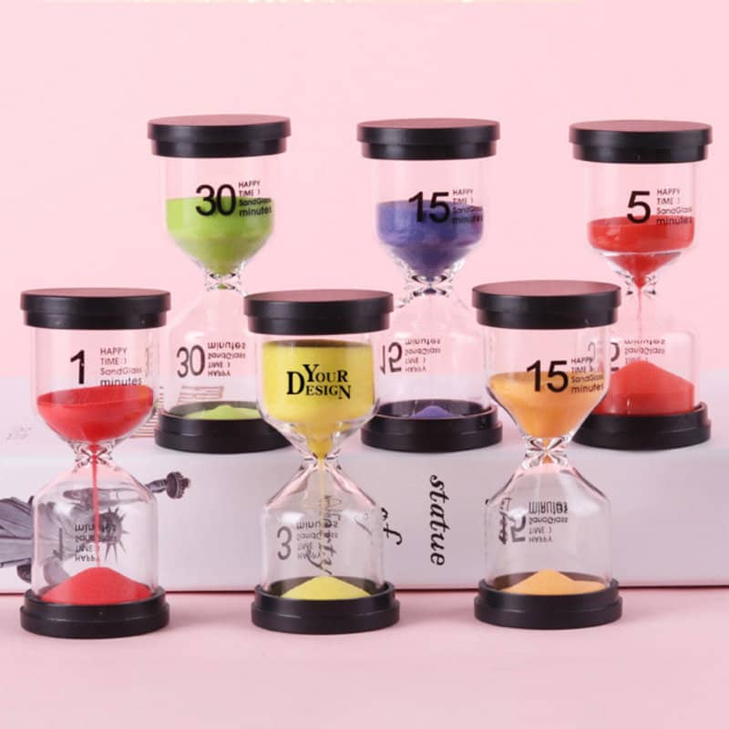 A set of six colourful sand timers in various shades, each with a black lid and different time markings. 6PCS ABS Sand Timer Set - Image 1