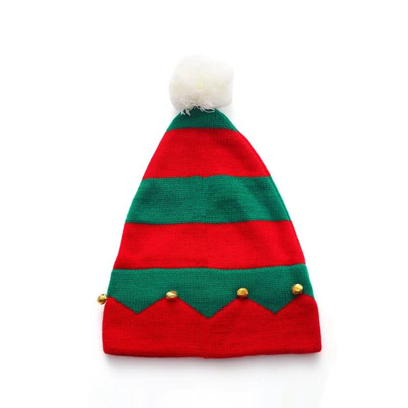 A red and green Christmas beanie with a plush ball on top and decorative bells along the bottom. Christmas Beanie With Plush Ball - Image 1