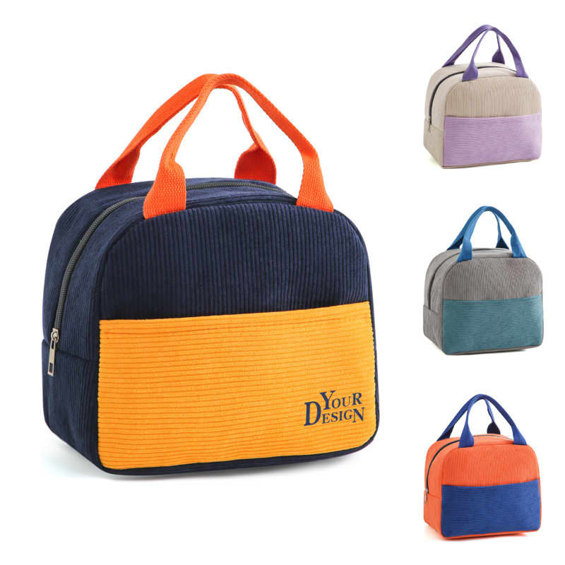 A corduroy insulated lunch bag in navy with an orange and yellow front, featuring versatile colour options and a logo. Corduroy Insulated Lunch Bag - Image 1