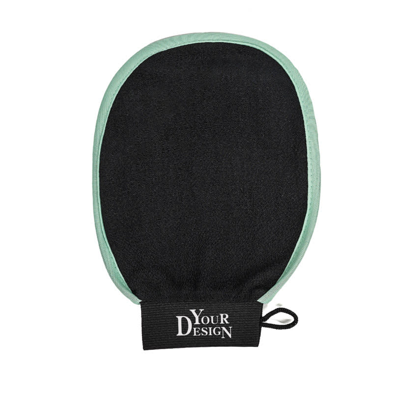 Exfoliating gloves in black with a mint green trim, featuring a black band with a logo. Bath Exfoliating Gloves - Image 1