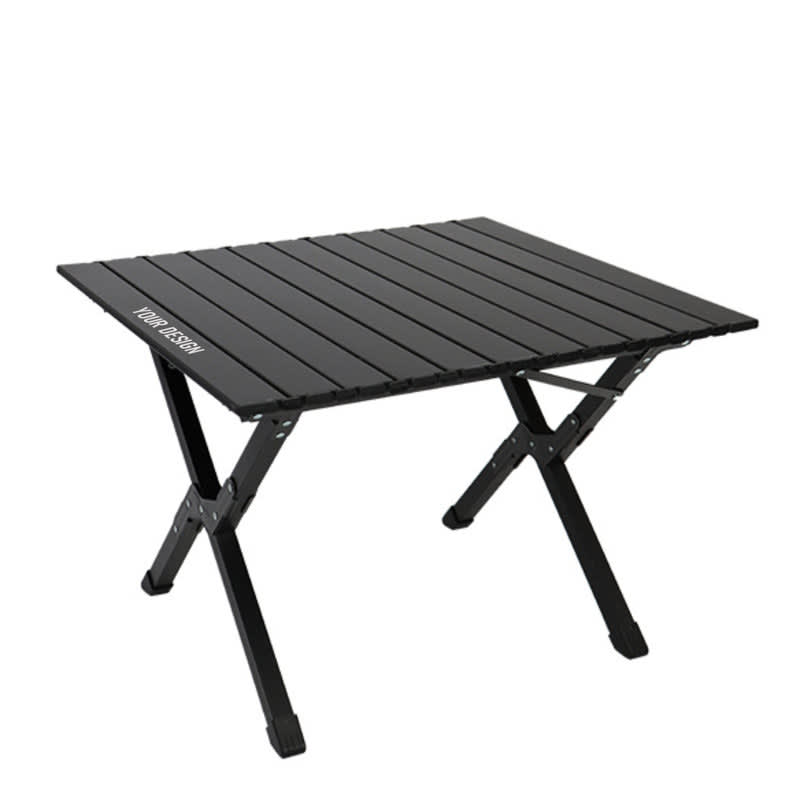 A portable folding camping table in black, featuring a slatted top and a logo on one side. Portable Folding Camping Table - Image 1