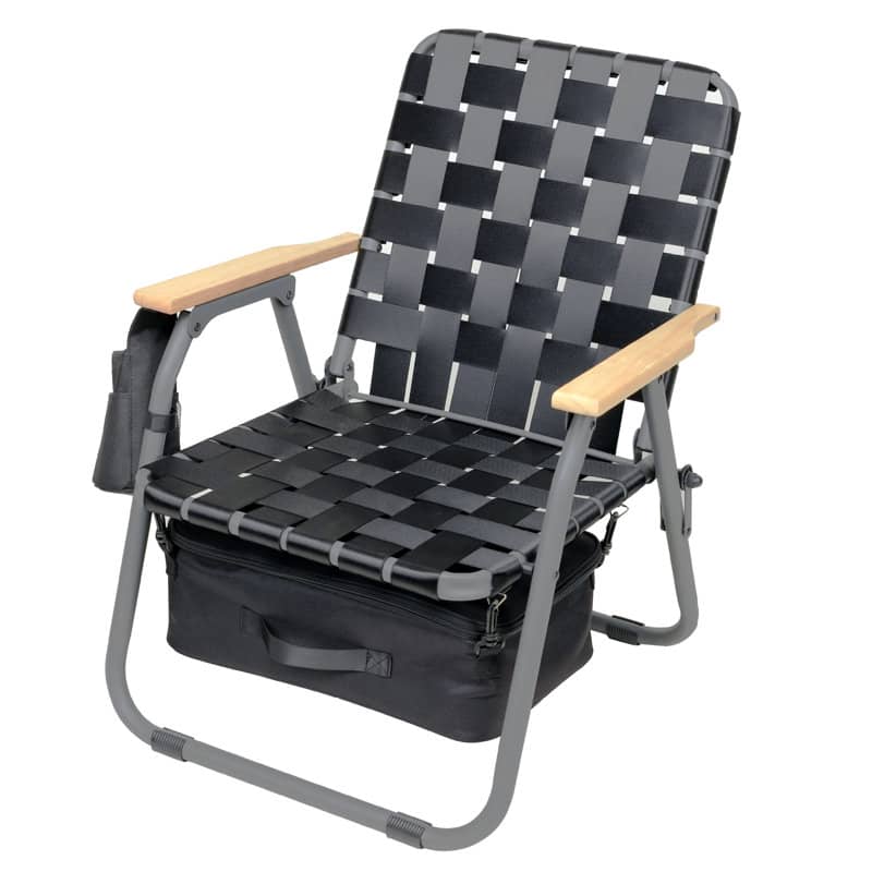 A black and grey webbed camping chair with wooden armrests and a storage bag at the bottom. It features a simple design. Folding Webbed Camping Chair - Image 1
