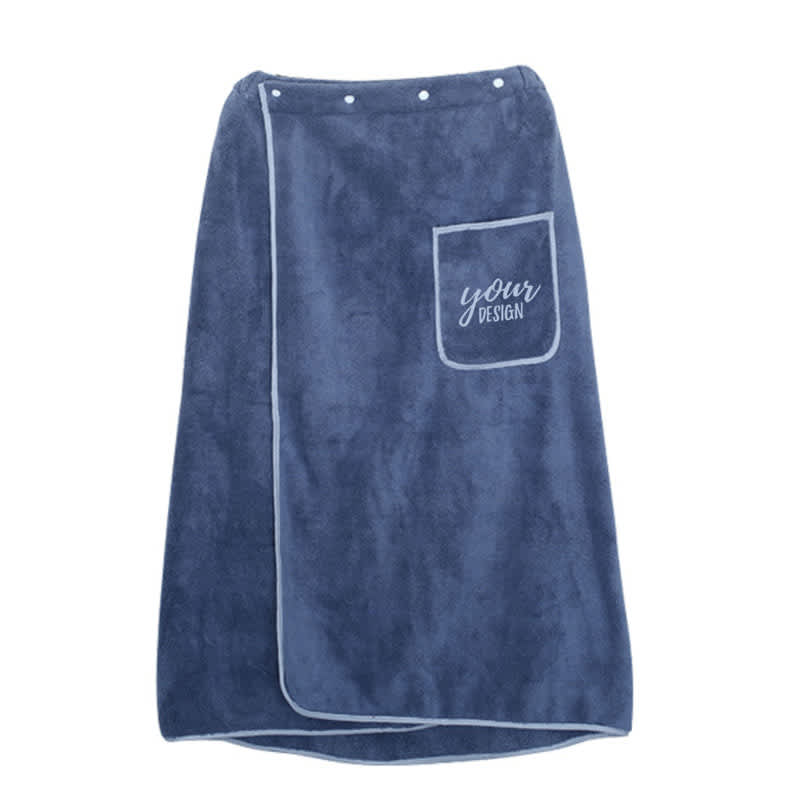 A navy adjustable bath towel wrap with snaps and a front pocket for custom designs. Features a soft texture. Men's Adjustable Bath Towel Wrap With Snaps - Image 1