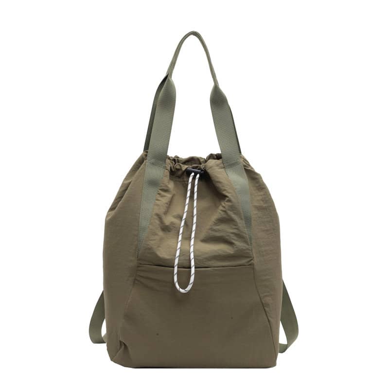 A khaki drawstring backpack with a front pocket and adjustable straps. It features a logo. Sports Drawstring Backpack - Image 1