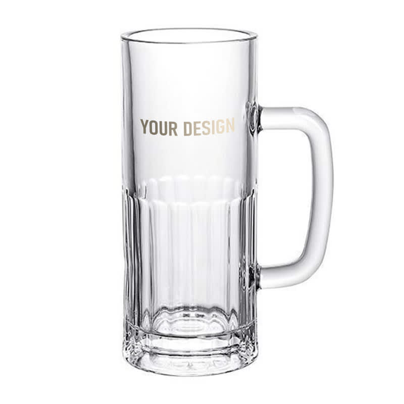 A clear glass beer mug with a textured design and a sturdy handle, featuring a space for custom design. 21 oz. Glass Beer Mug - Image 1