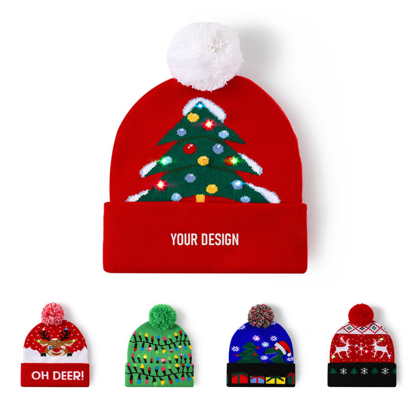 A red knitted Christmas beanie featuring a tree design and pom-pom, with multiple design options below. Personalized LED Knitted Christmas Beanie - Image 1