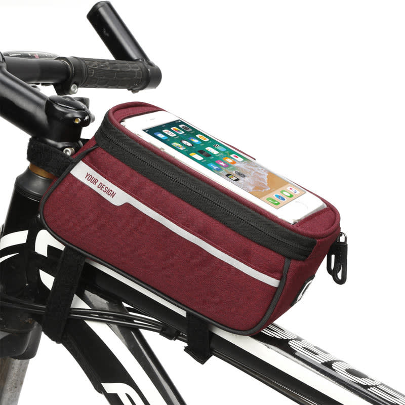 A maroon custom bike top tube bag with a clear pocket on top for a phone, mounted on a bicycle frame. Custom Bike Top Tube Bag - Image 1