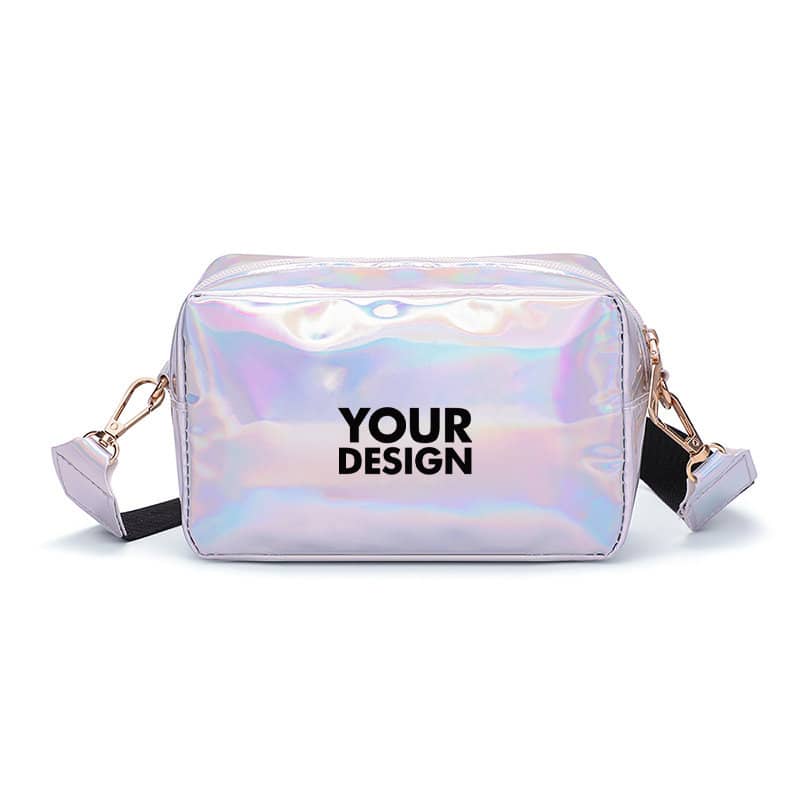 A small holographic crossbody bag in pastel tones with black accents and a branding logo. Personalized Small Holographic Crossbody Bag - Image 1