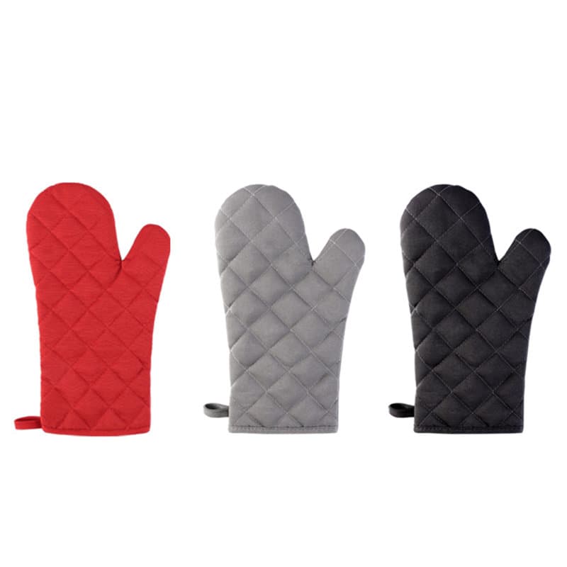 Three quilted oven mitts in red, grey, and black, each with a hanging loop and a textured surface. Personalization Oven Mitt - Image 1