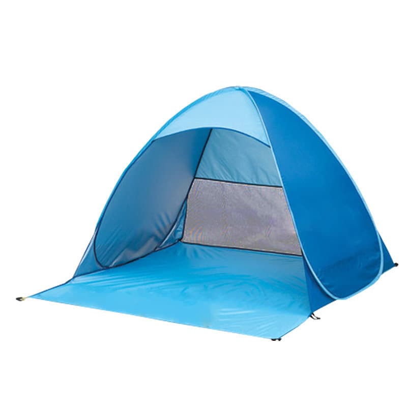 A portable beach tent in blue, featuring a spacious interior and mesh panels for ventilation. It includes a branded logo. Portable Beach Tent - Image 1