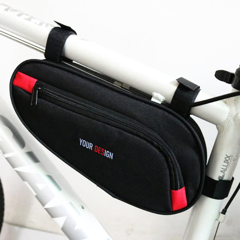 A custom bike triangle bag in black with red accents, featuring a zippered pocket and a branding area. Custom Bike Triangle Bag - Image 1