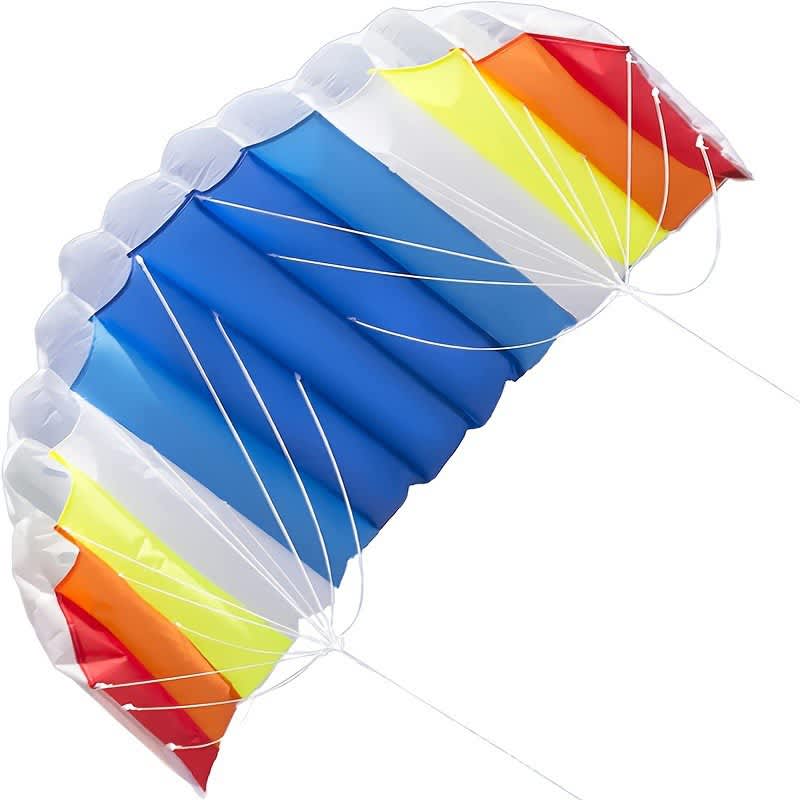 A custom dual-line parafoil kite featuring vibrant stripes of blue, orange, yellow, and white, with a logo present. Custom Dual-line Parafoil Kite - Image 1