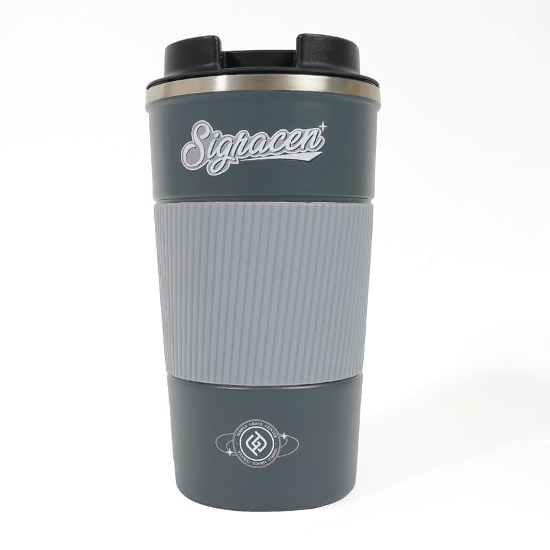 A stainless steel coffee cup in dark green and grey with a textured grip and a logo. Custom Stainless Steel Coffee Cup - Image 1