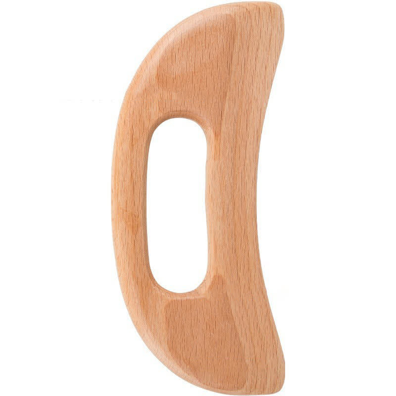 A wooden guasha board in a natural light wooden finish with an ergonomic handle design. It includes a logo. Custom Wooden Guasha Board - Image 1