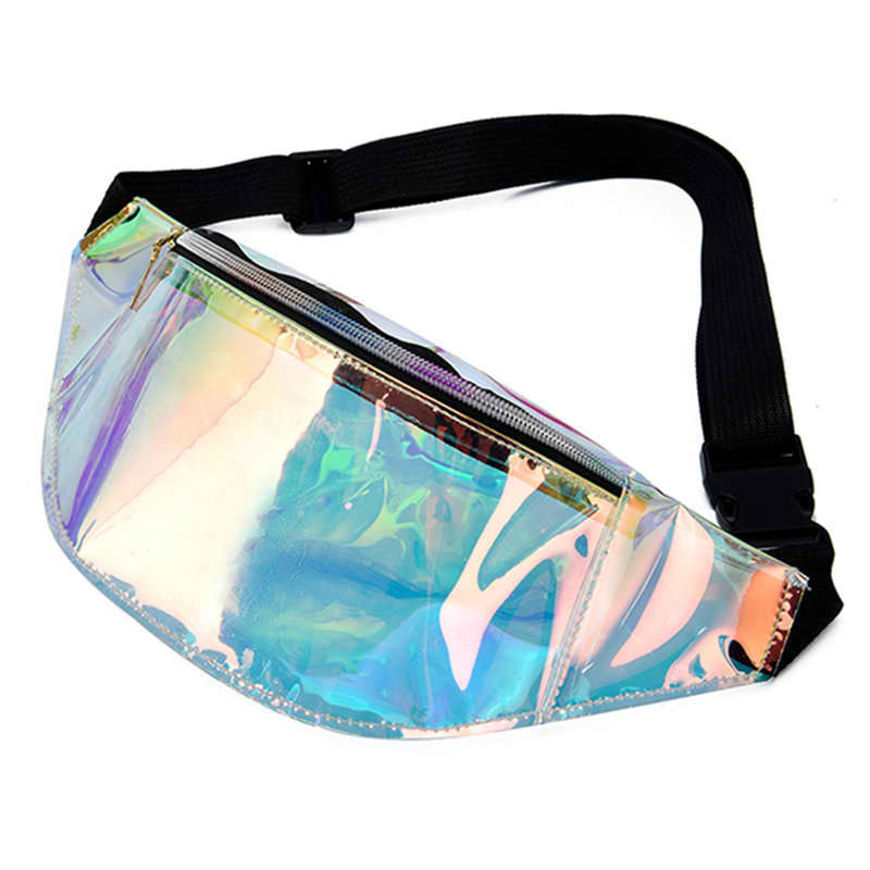 A holographic PVC waist bag with a black strap, featuring a zippered compartment. Holographic PVC Waist Bag - Image 1