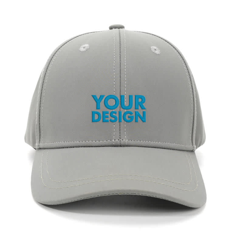 A grey baseball cap featuring a customizable logo on the front. Suitable for various headwear styles. Customizable Logo Baseball Cap - Image 1